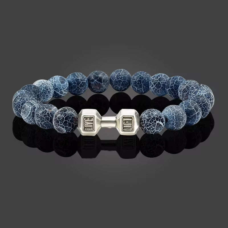 Natural Volcanic Stone Bracelet Men Matte Black Lave White Beads Charm Dumbbell Strand Bracelets Women Barbell Fitness Jewelry