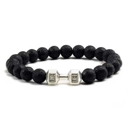 Natural Volcanic Stone Bracelet Men Matte Black Lave White Beads Charm Dumbbell Strand Bracelets Women Barbell Fitness Jewelry